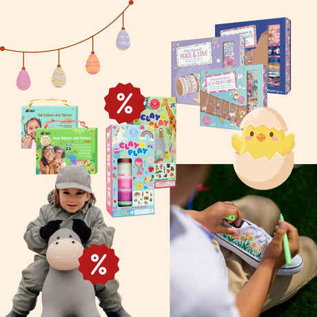 Kollage med legetøj , der egner sig til påskeferie med børn. Kreasæt, spil, lege-ler, smykkesæt og hoppedyr, set hos Nordic Simply