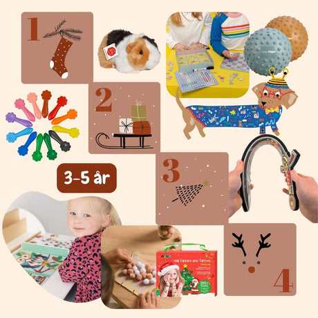 kollage med gode adventsgaver til dreng og pige 3-5 år fra adventskalender til barn fra Nordic Simply