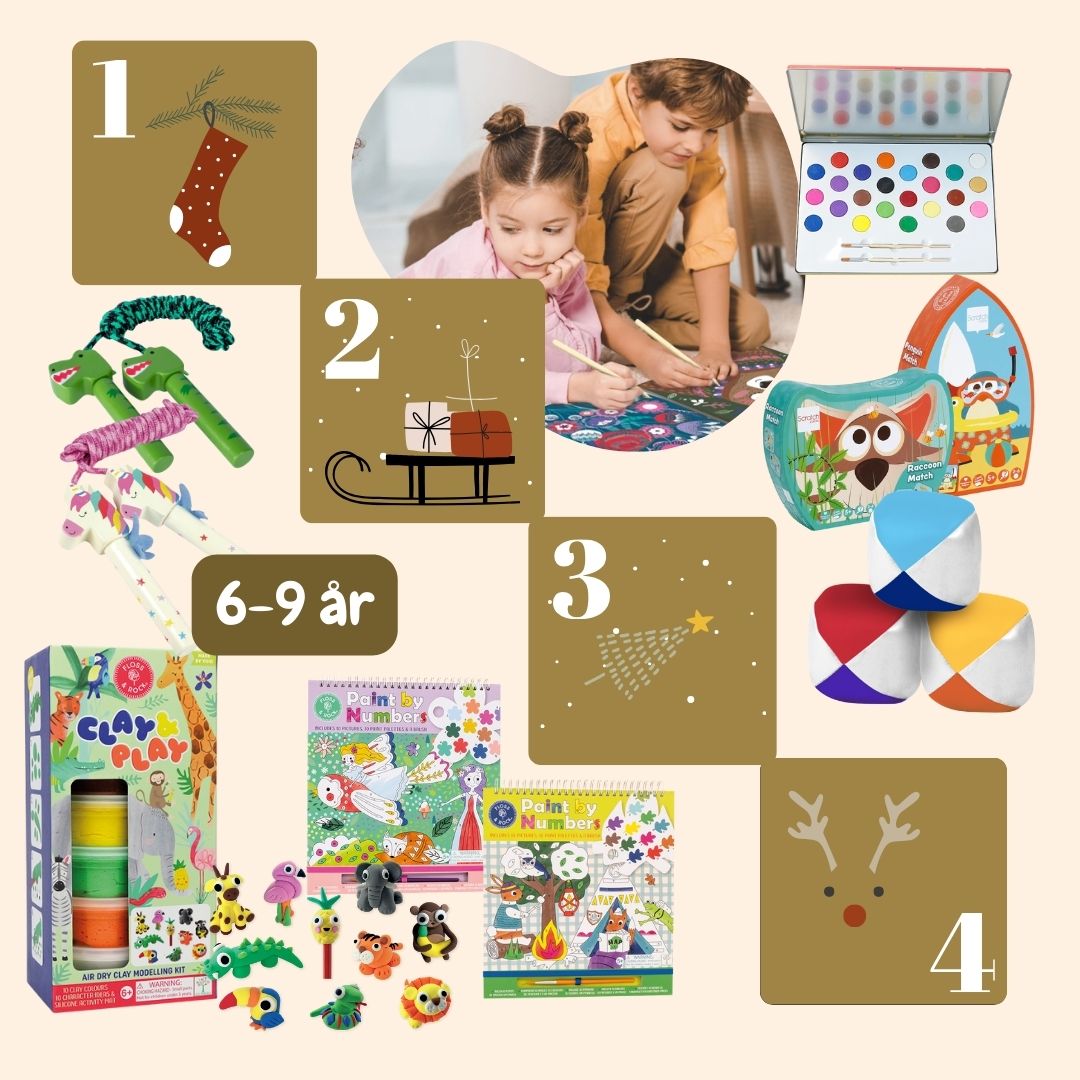 kollage viser adventsgaver til dreng og pige 6-9 år, der kan indgå i adventskalender til barn fra Nordic Simply