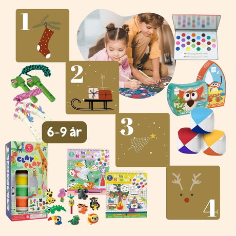 kollage viser adventsgaver til dreng og pige 6-9 år, der kan indgå i adventskalender til barn fra Nordic Simply
