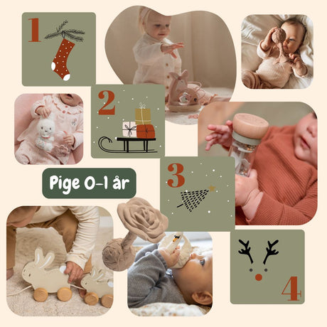 kollage med gaver, der indgår i Nordic Simplys adventskalender til baby pige 0-1 år.