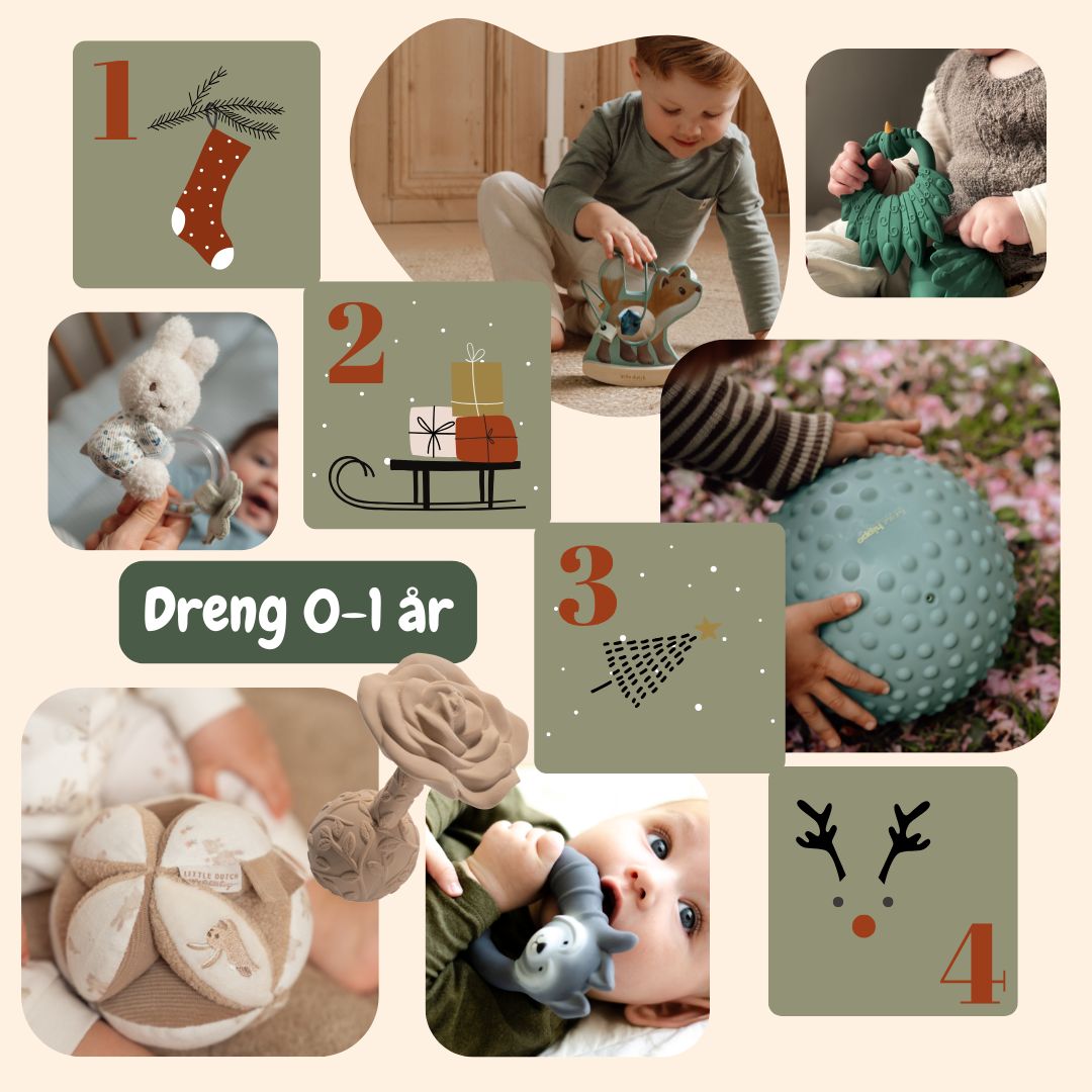 kollage med gode adventsgaver til baby dreng 0-1 år fra adventskalender hos Nordic Simply