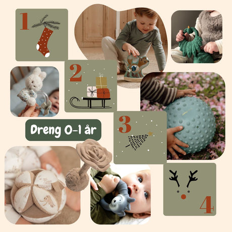 kollage med gode adventsgaver til baby dreng 0-1 år fra adventskalender hos Nordic Simply