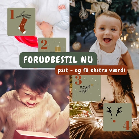 adventskalender Nordic Simply, kollage med tallene 1,2,3 og 4 samt børn fra baby til 10 år der åbner gaver.