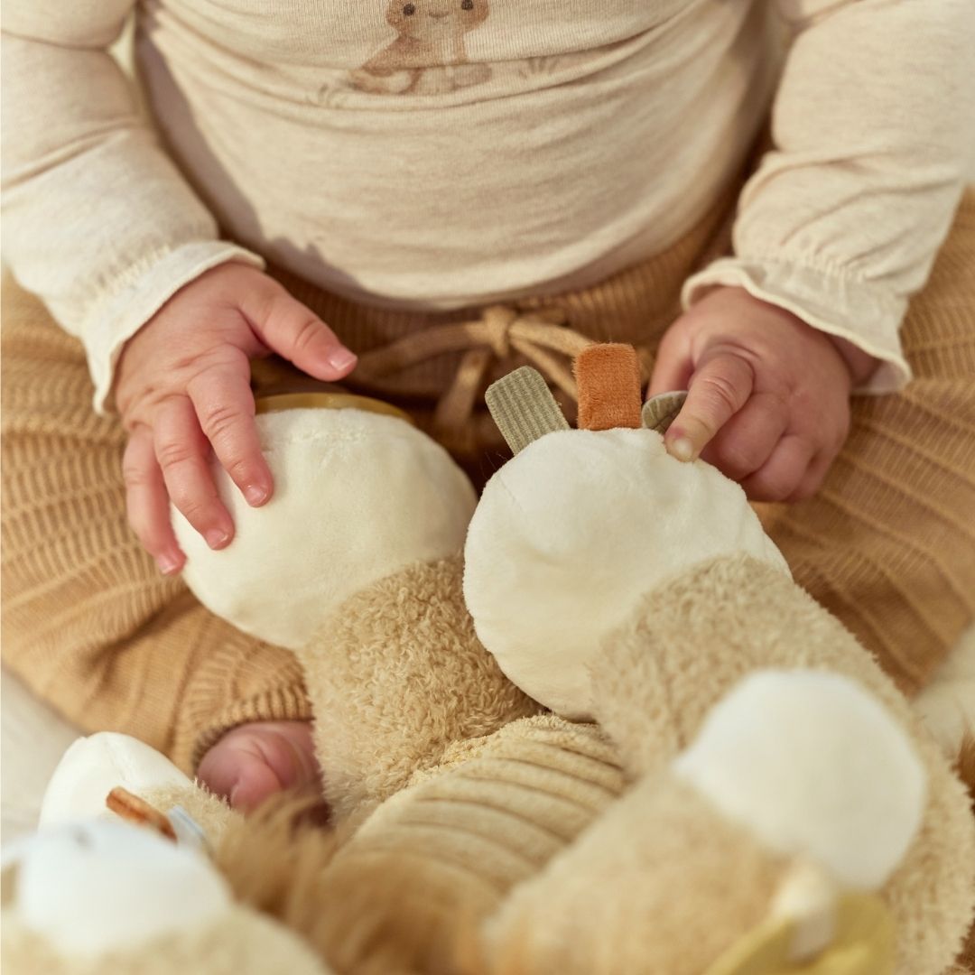 Babyhænder undersøger løve aktivitetsbamse. En sød løve bamse med masser for baby at udforske fra nyfødt og op. Little Dutch. 