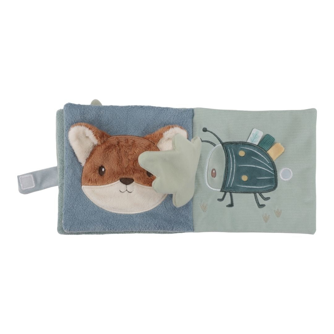 Blå aktivitetsbog til baby med ræv - blød bog med teksturer og illustrationer til opdagelse og sanseleg