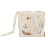 Beige aktivitetsbog til baby sanser med teksturer og masser at opdage - her set fra forsiden med blød gås, fra Little Dutch fås hos Nordic Simply