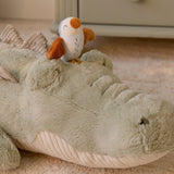 stor lysegrøn krokodille bamse med aktiviteter til baby, her set tæt på med lille fugl på ryggen, en aktivitetsbamse med masser at udforske fra nyfødt og op, Little Dutch Safari kollektion.