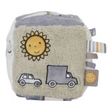 Aktivitetsterning til baby | Kanin blå med sol, biler og teksturer til sanseindtryk for baby.