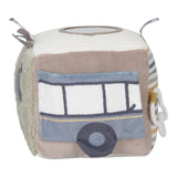 Aktivitetsterning til baby | Kanin blå - blød terning med biler og forskellige teksturer til babys sanser.