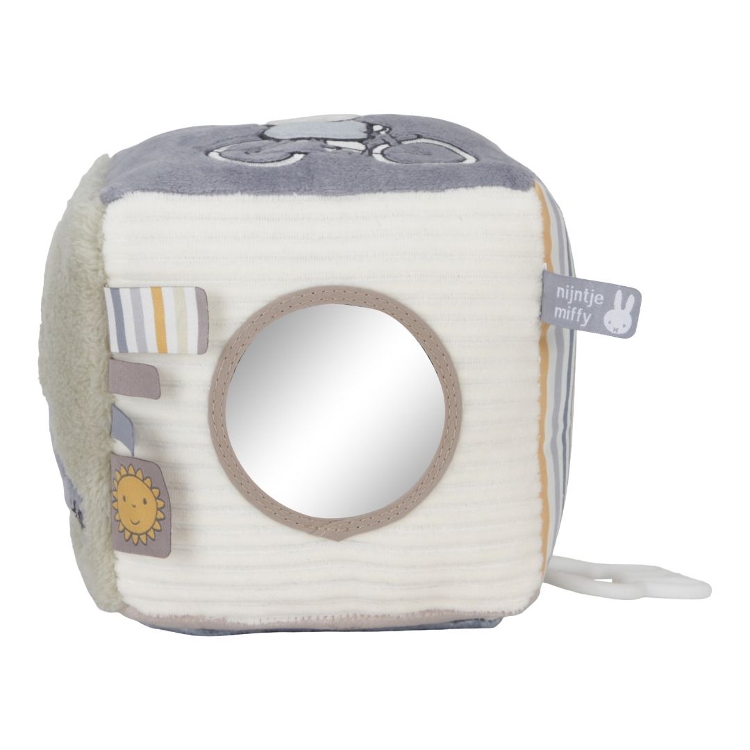 Aktivitetsterning til baby | Kanin blå med spejl og forskellige teksturer for sanseoplevelser.