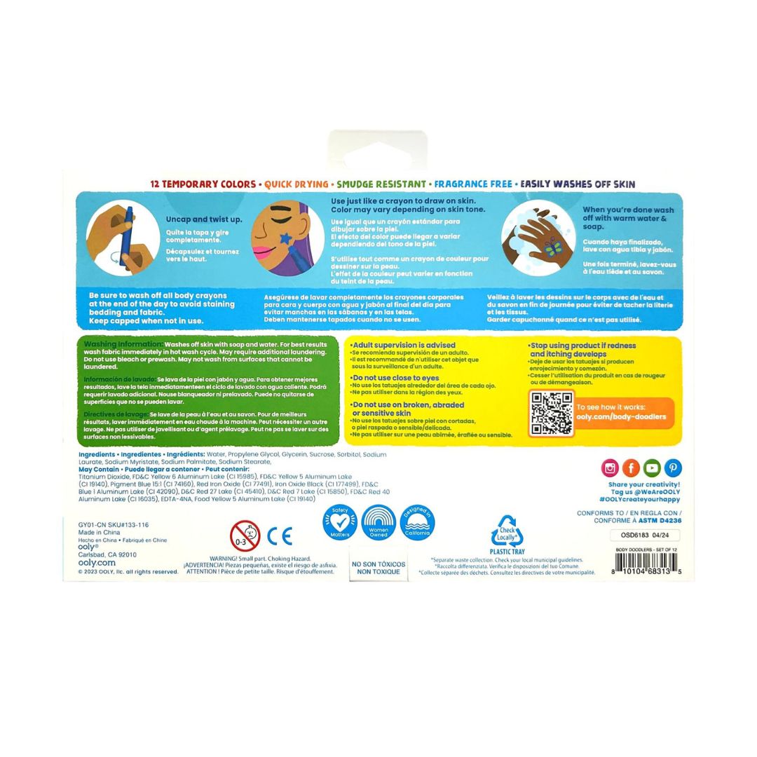 Ansigts og kropsmaling 12 farver til at tegne på kinder og krop, let at bruge og vaske ud, fra OOLY, i æske set fra bagsiden