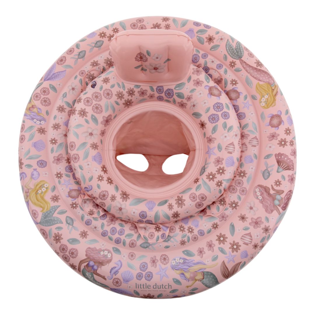 rosa babybadering, set oppefra, med havfruer og motiver af havets dyr. Perfekt babyflyder med fire kamre, babyindsats,rygstøtte og håndtag. Egnet fra 6-12 mdr. 