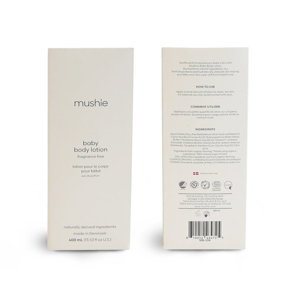 Mushie bodylotion til baby, 400 mL parfumefri, Svanemærket, produceret i Danmark. Her set i hvid indpakning