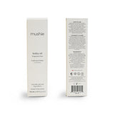 Mushie babyolie 145 mL parfumefri, Svanemærket, produceret i Danmark. Her set i hvid indpakning for og bag.