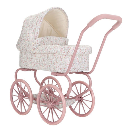 Barnevogn til dukke. Med rosa stel og hvidt betræk med små blomster. Flot dukkevogn til ture med dukke både ude og inde, fra Little Dutch, fås hos Nordic Simply