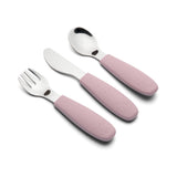 Rosa bestiksæt, med gaffel, kniv og ske, i silikone og rustfrit stål til baby og barn.