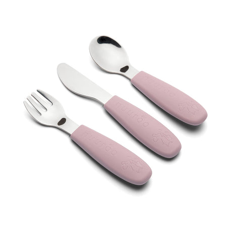 Rosa bestiksæt, med gaffel, kniv og ske, i silikone og rustfrit stål til baby og barn.