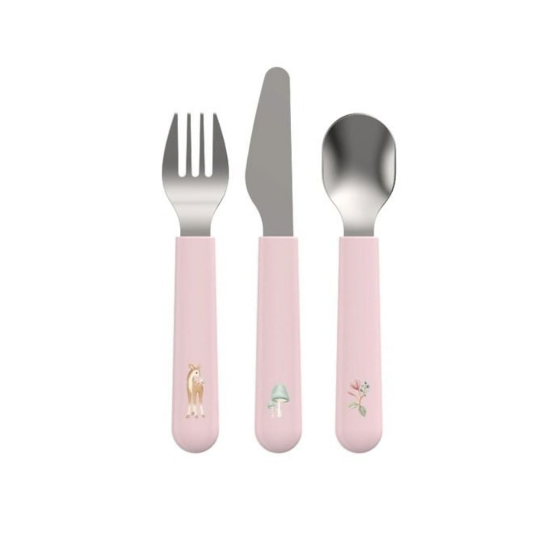 rosa børnebestik tre dele kniv, gaffel og ske, med godt greb til små hænder fra Mepal x Little Dutch.