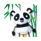 DIY panda pencil topper crafted from felt, surrounded by bamboo, perfect for kids' creativity and fun writing.