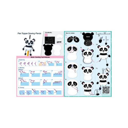 DIY panda pen topper sewing instructions with illustrations and techniques for kids to create a cute panda decoration.