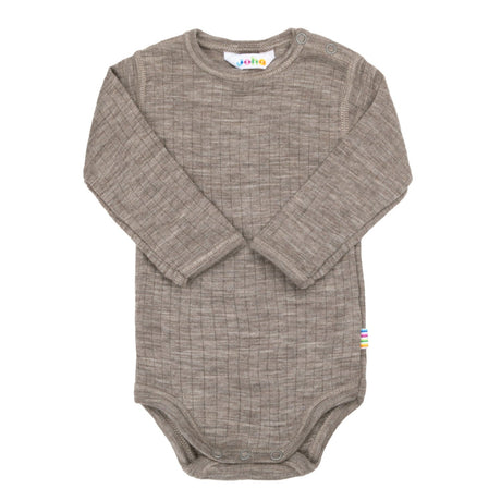 lysebrun body med lange ærmer til baby. Joha baby body stocking i merinould med tynd stribe i stoffet. Farve sesam.