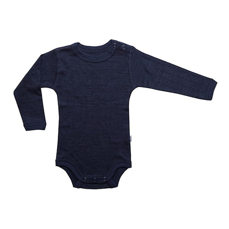 mørkeblå body med lange ærmer til baby. Joha baby body stocking i uld/silke med tynd stribe i stoffet. Farve navy.