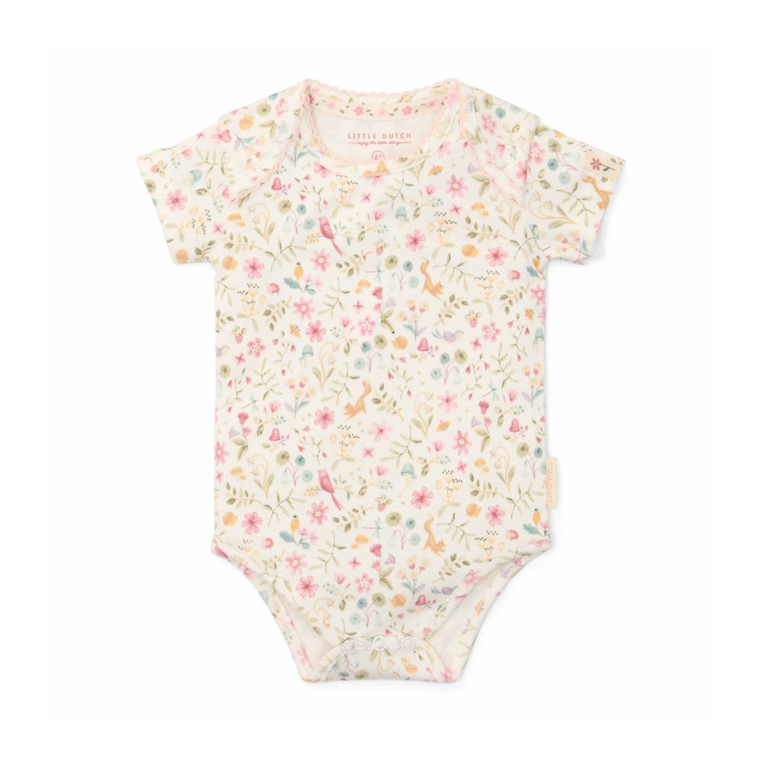 Babty bodystocking hvid med rosa motiver og korte ærmer. Blød bomuld. Fairy Garden fra Little Dutch.