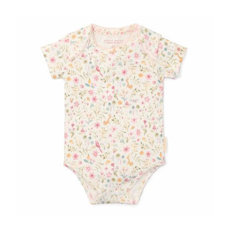Babty bodystocking hvid med rosa motiver og korte ærmer. Blød bomuld. Fairy Garden fra Little Dutch.