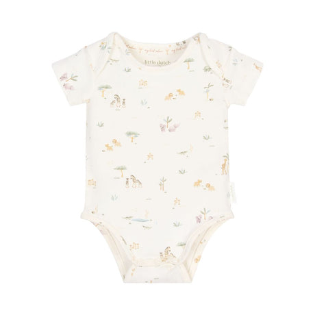 Hvid body med korte ærmer til baby med små motiver af safari og dyr fra savannen, blød økologisk bomuld fra Little Dutch.