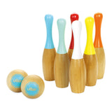 Bowling træ. Til sjove dyster - indendørs bowlingsæt med farverige trækegler og kugler. Til børn fra 5 år.