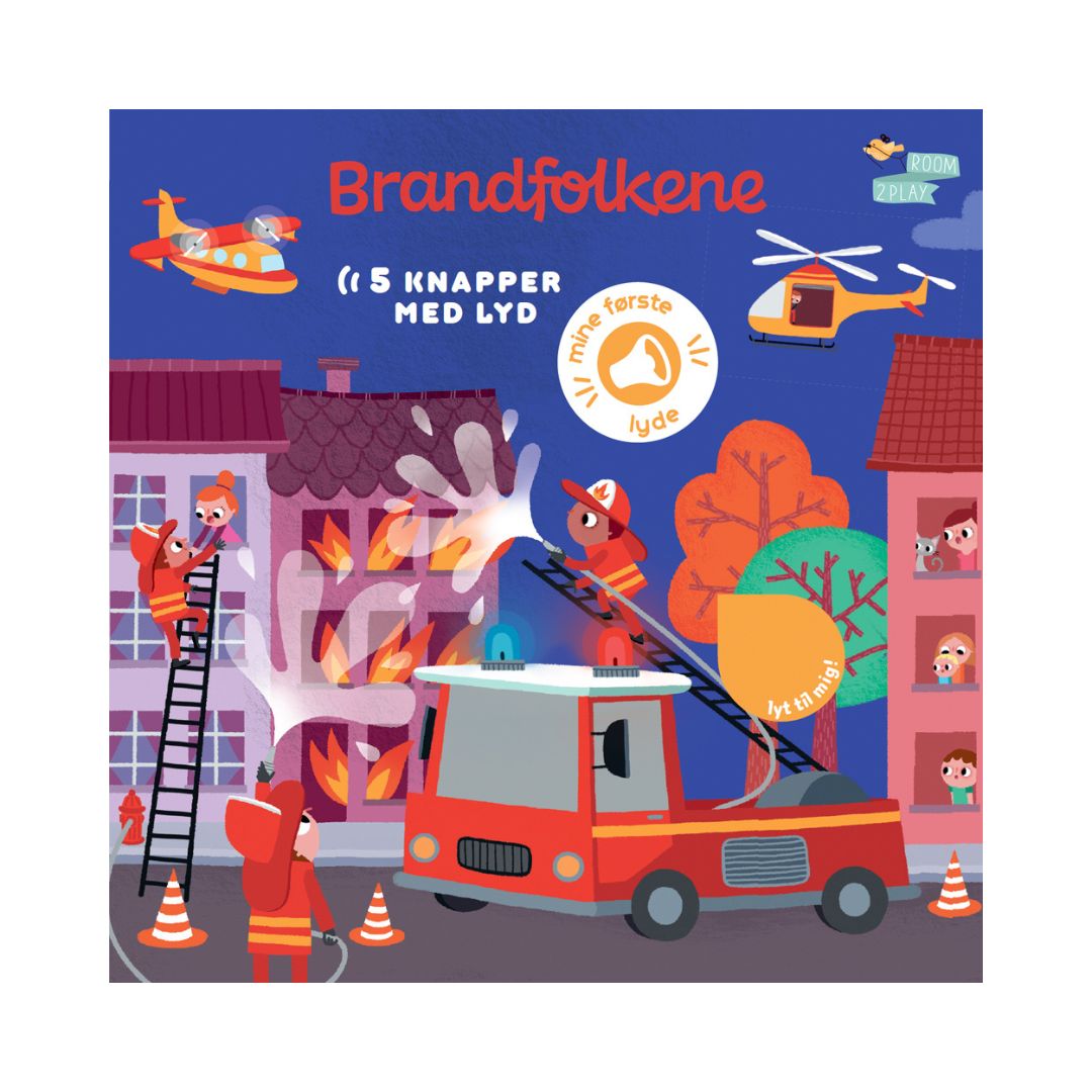 Pegebog med brandfolk og 5 knapper med lyd, blå forside med brandbil, brandfolk, helikopter og fly. Sød godnatbog fra 1-3 år