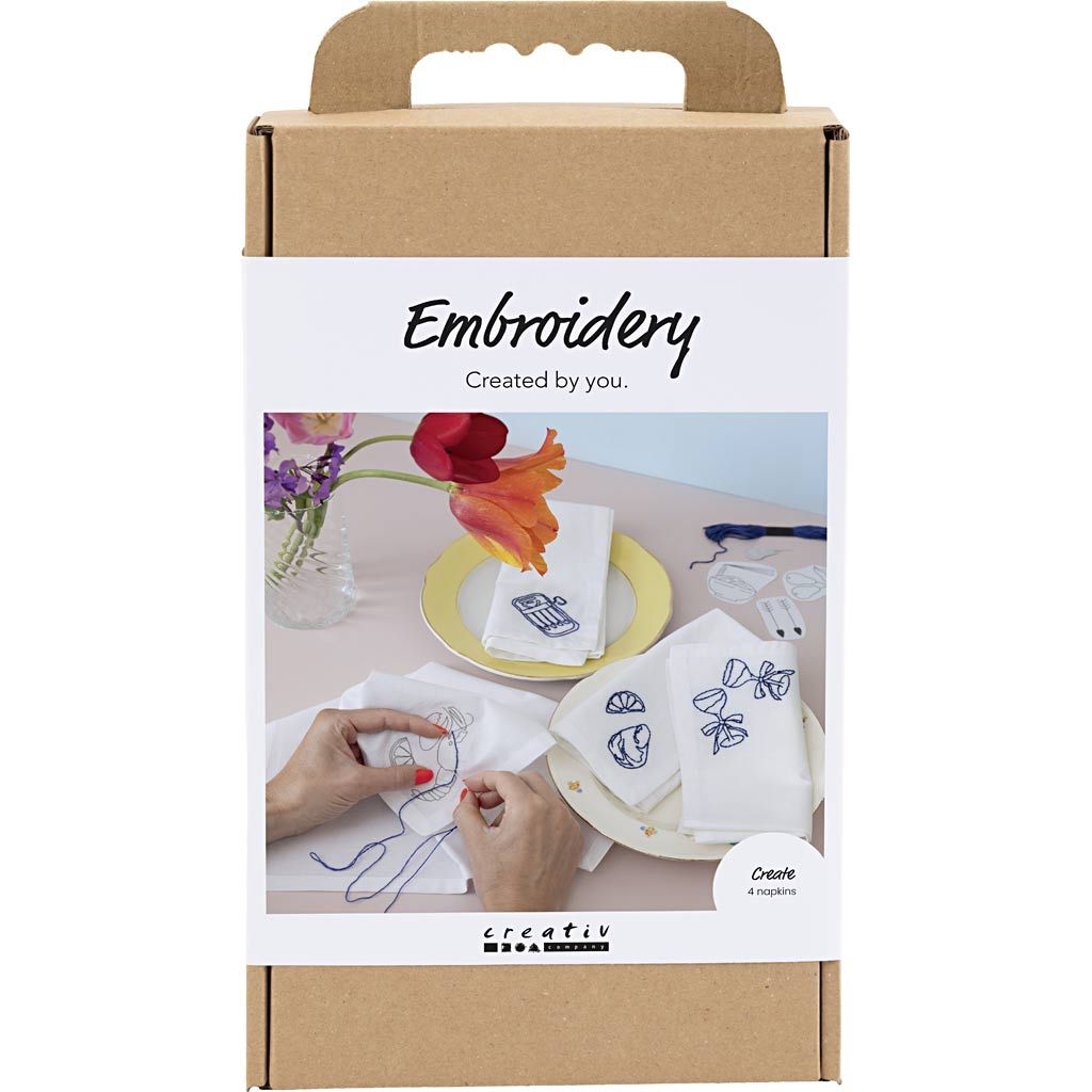 brun papæske med billede af servietter med blåt broderi, lavet med diy broderisæt til kreativ fordybelse.