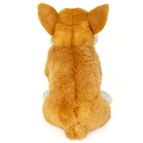 Blød Corgi hund fra Teddy Hermann, set bagfra. Legetøjshund med brun pels, 30 cm, klar til knus og kram.