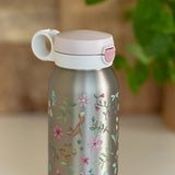 termoflaske i rustfrit stål med rosa låg og rosa motiver fra Mepal x Little Dutch, her set lukket.