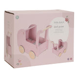 Dukkevogn rosa i træ FSC fra Little Dutch, set i indpakning, fin lyserød dukkevogn perfekt til dukker og bamser.