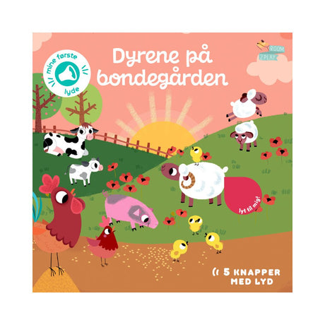 Pegebog med bondegård, bondegårdsdyr og 5 knapper med lyd, rosa forside med dyr på marken