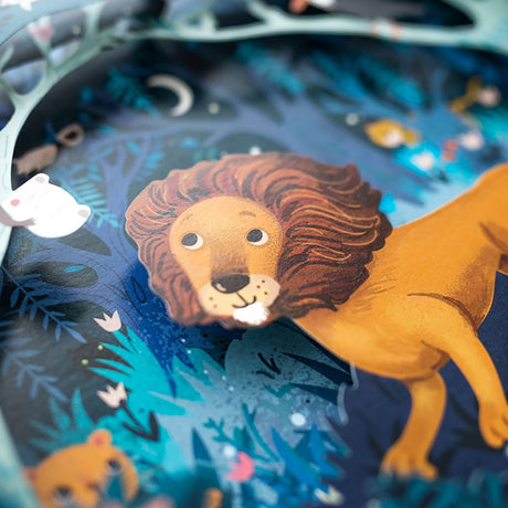 Dyrenes karneval, her løve, smuk og unik bog for børn 5- år med vilde dyr, musikstykker, illustrationer og papirklip. 