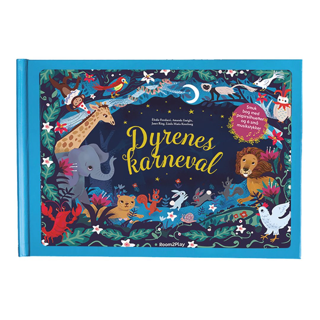 Dyrenes karneval forside, smuk og unik bog for børn 5- år med vilde dyr, musikstykker, illustrationer og papirklip. 