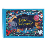 Dyrenes karneval forside, smuk og unik bog for børn 5- år med vilde dyr, musikstykker, illustrationer og papirklip. 