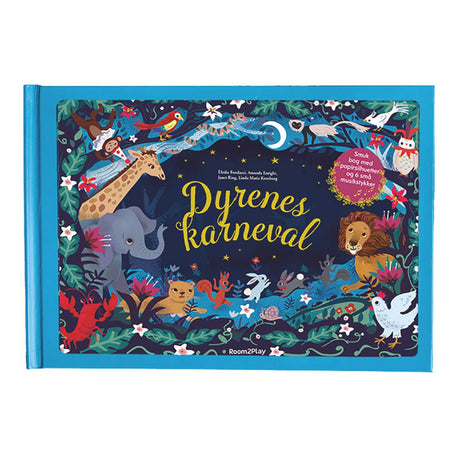 Dyrenes karneval forside, smuk og unik bog for børn 5- år med vilde dyr, musikstykker, illustrationer og papirklip. 