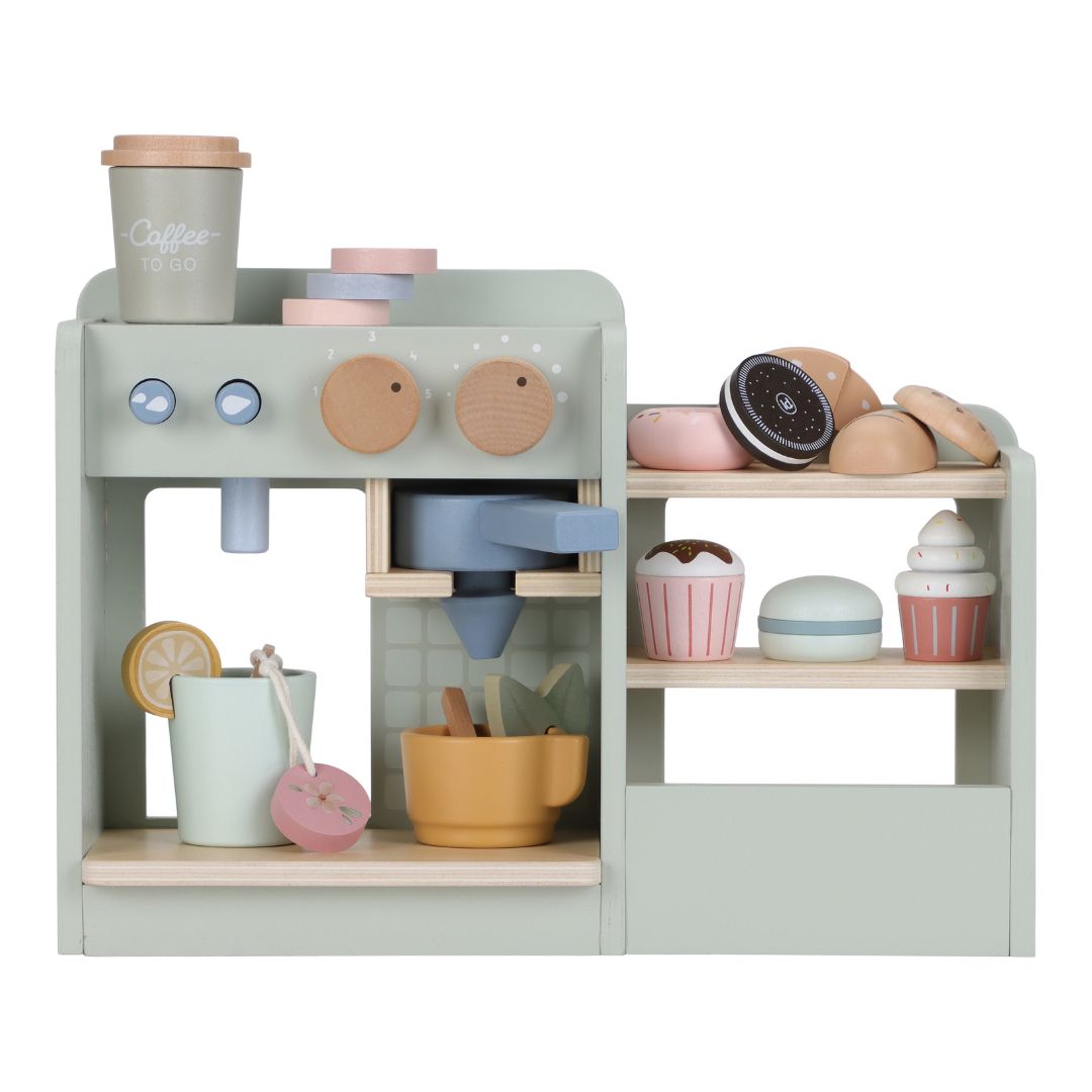 Espressomaskine XL i træ fra Little Dutch med legemad, ideel til rolleleg og kreativ caféoplevelse.