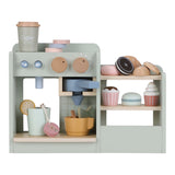 Espressomaskine XL i træ fra Little Dutch med legemad, ideel til rolleleg og kreativ caféoplevelse.