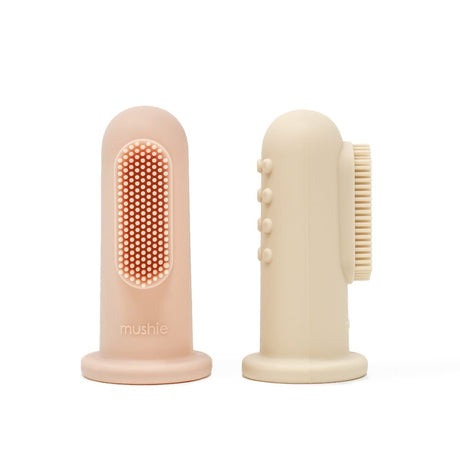 2 stk fingertandbørste, til at børste gummer og tænder på baby, her i farven rosa og beige fra danske Mushie