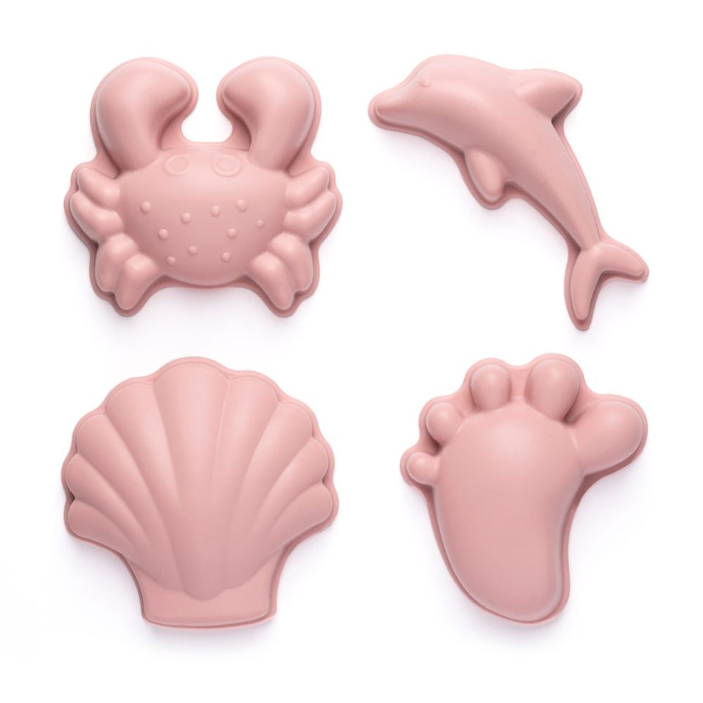 4 små rosa sandforme i silikone, perfekt til små hænder fra 1 år og op, høj kvalitet fra Scrunch