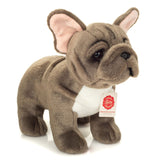 Fransk Bulldog bamse i grå, står op som en ægte hund fra Teddy Hermann, perfekt til leg og kram.