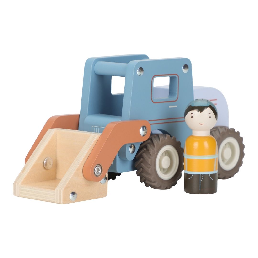 Frontlæsser med træfigur til leg, fremstillet i træ med gummihjul og bygningsarbejder i træ