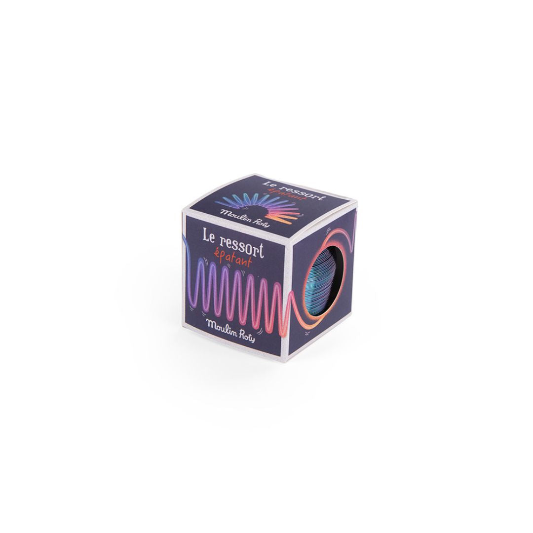 Gående fjeder i carbon stål fra Moulin Roty, set i indpakning, se den gå ned ad trapper og leg med fysik og tyngdekraft, god til store børn