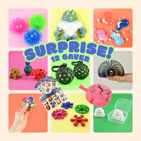 Squishies, fidgets og dimseting i kasse med 12 gaver til dreng fra Nordic Simply