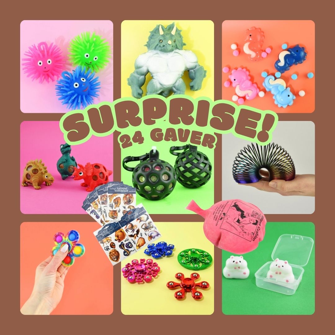 Squishies, fidgets og dimseting i kasse med 24 gaver til drenge fra Nordic Simply